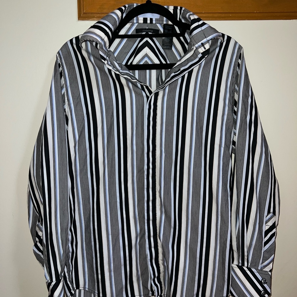 black, white, and blue 100% cotton striped button up shirt